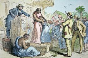 A slave auction in the Deep South, c.1850 (coloured engraving)