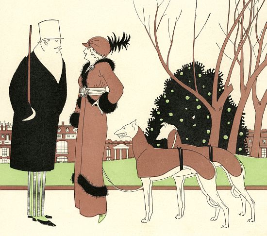 Fashionable Couple with Two Greyhounds à École américaine (20ème siècle)