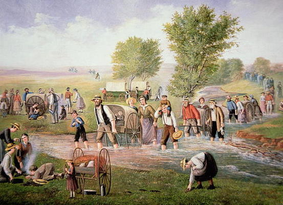 Mormon pioneers pulling handcarts on the long journey to Salt Lake City in 1856 (colour litho) à École américaine (20ème siècle)