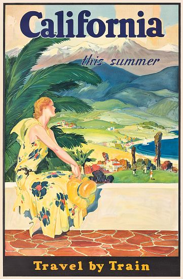 Poster advertising train travel to California à École américaine (20ème siècle)