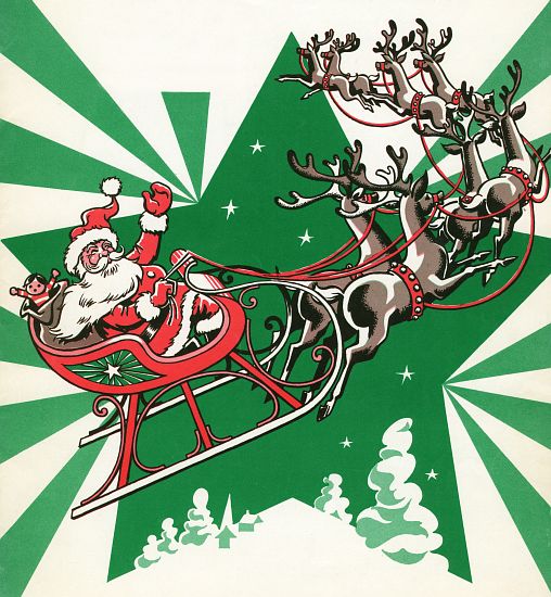 Santa Flying with His Reindeer à École américaine (20ème siècle)
