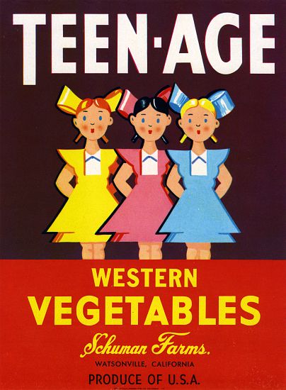 Teen-Age Western Vegetables Fruit Crate Label à École américaine (20ème siècle)