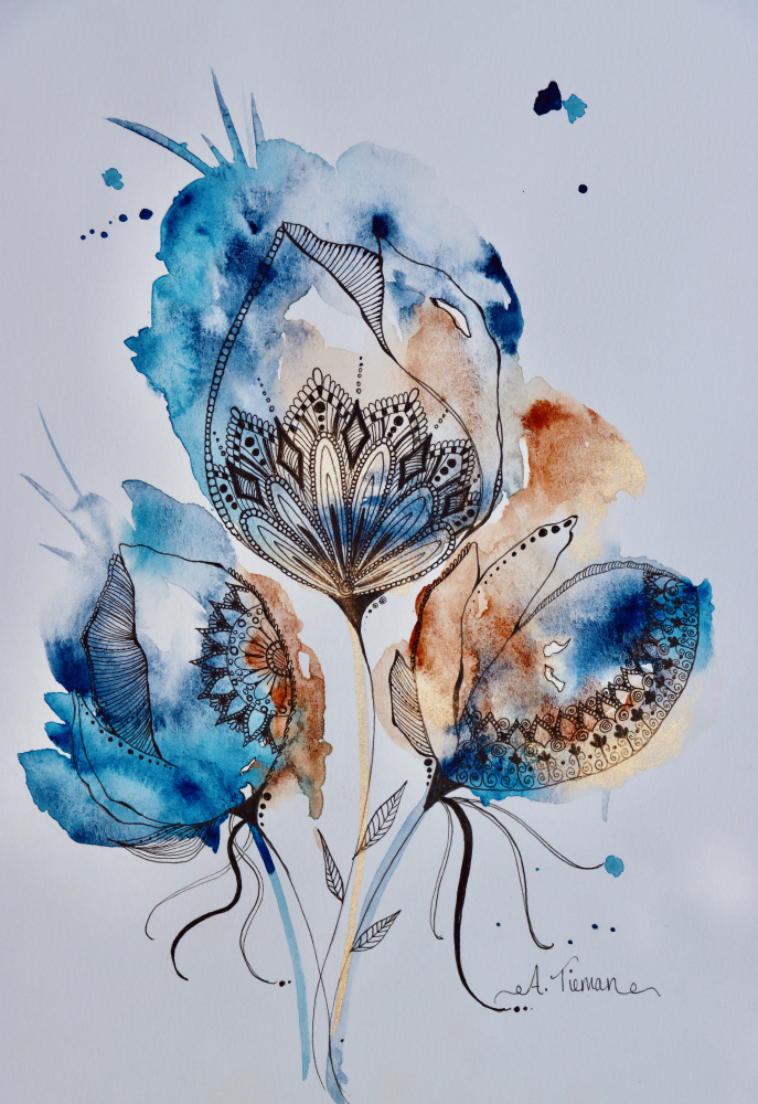 Mandala Floral (blue, Gold, Burnt Sienna) à Amy Tieman