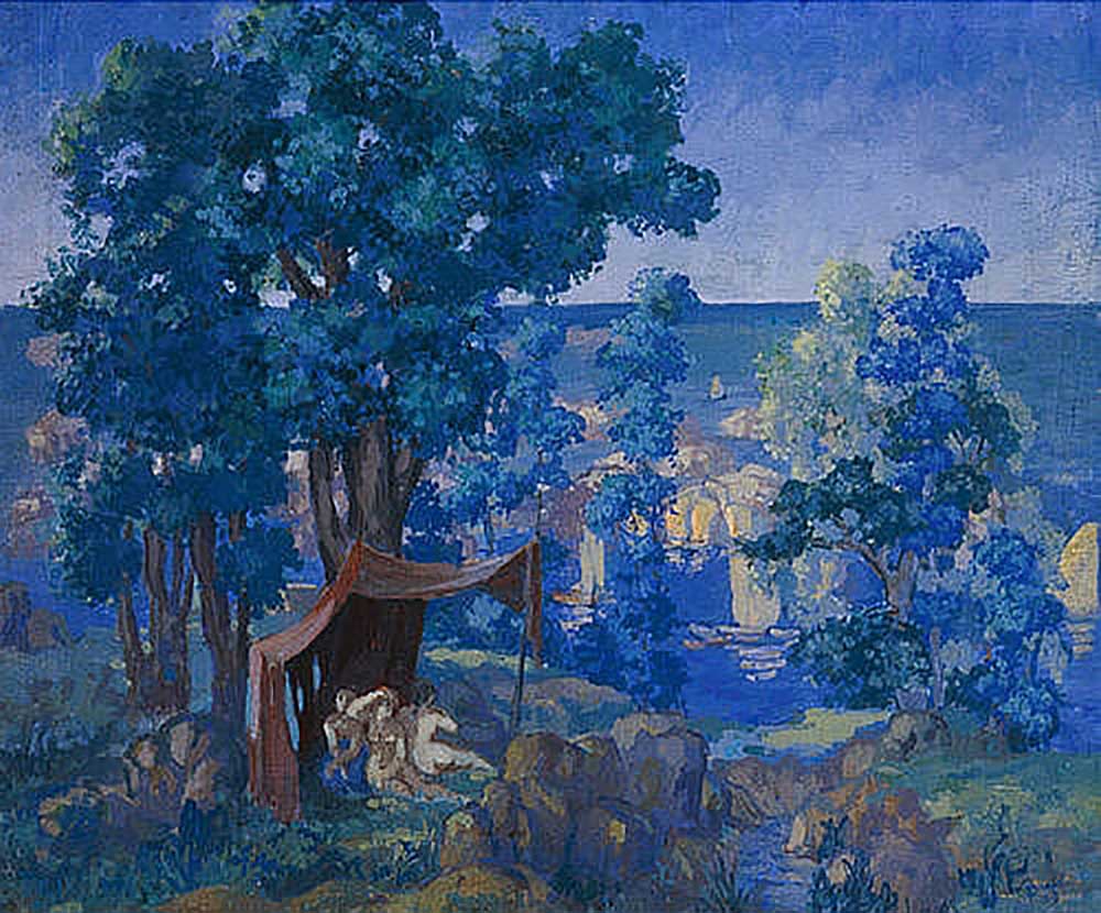 Bathers under a tent roof by the lake à Anatoli Afanasiewitsch Arapow
