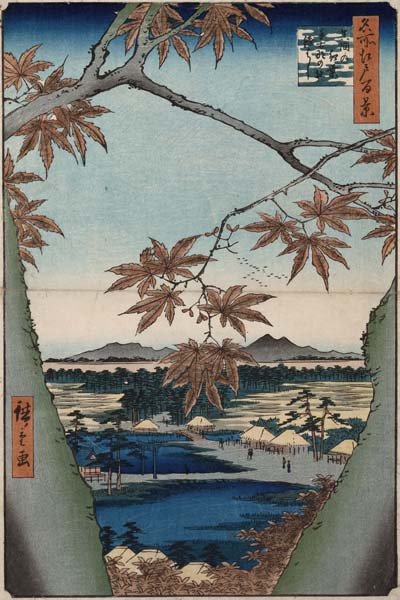 Ahornblätter, der Tekona Schrein und die Brücke. Aus der Serie: Hundert Ansichten von Sehenswürdigke à Ando oder Utagawa Hiroshige