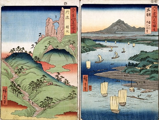 A landscape and seascape, two views from the series ''60-Odd Famous Views of the Provinces'', pub. K à Ando oder Utagawa Hiroshige