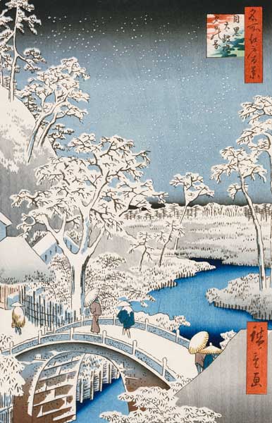 Drum bridge et Setting Sun Hill à Meguro, de la série ''100 vues d'Edo'', pub. par Uoya Eikic à Ando oder Utagawa Hiroshige