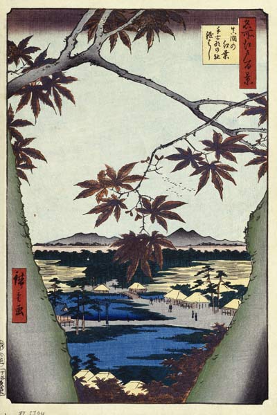 Maple Leaves and the Tekona Shrine and Bridge at Mama (One Hundred Famous Views of Edo) à Ando oder Utagawa Hiroshige