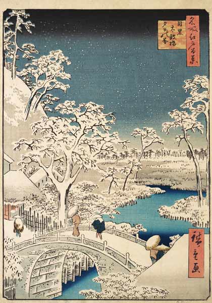 Yuhi Hill and the Drum Bridge at Meguro (One Hundred Famous Views of Edo) à Ando oder Utagawa Hiroshige