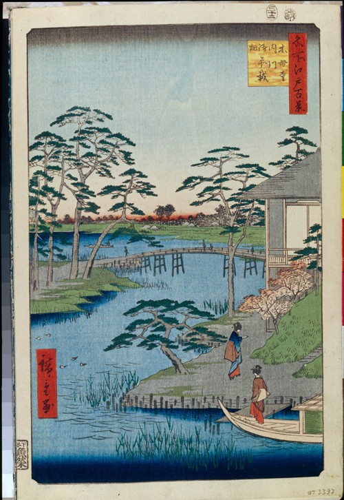 Mokuboji Temple and Vegetable Fields on Uchigawa Inlet (One Hundred Famous Views of Edo) à Ando oder Utagawa Hiroshige