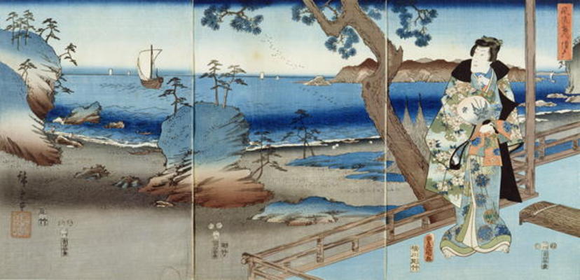Prince Genji watching at the Suma Beach (triptych) à Ando oder Utagawa Hiroshige