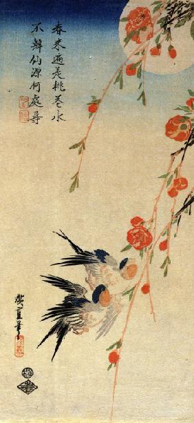 Flying Swallows under Peach Blossoms in the Moonlight