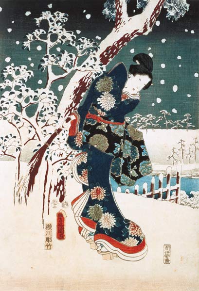 Scène de neige dans le jardin d'un Daimyo, partie du triptyque (sérigraphie) à Ando oder Utagawa Hiroshige