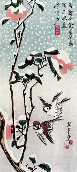 Moineaux et camélias dans la neige à Ando oder Utagawa Hiroshige