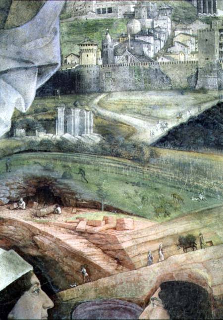 The Arrival of Cardinal Francesco Gonzaga; marble quarry workings and an idealised view of Rome, fro à Andrea Mantegna