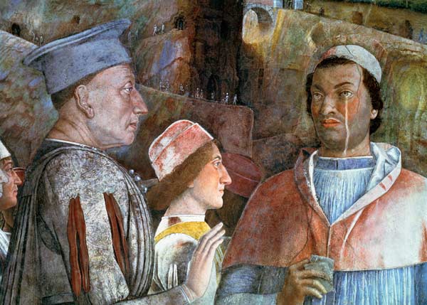 Marchese Ludovico Gonzaga III of Mantua (reigned 1444-78) greeting his son Cardinal Francesco Gonzag à Andrea Mantegna