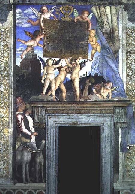 Putti with butterfly wings supporting the dedicatory plaque with hunting dogs and their handlers bel à Andrea Mantegna