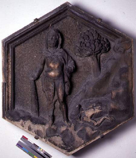 Cain and Abel, hexagonal decorative relief tile from a series illustrating episodes from Genesis pos à Andrea Pisano