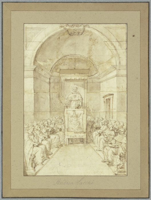 Der Heilige Antonius von Padua predigt vor einer Versammlung von Geistlichen à Andrea Sacchi