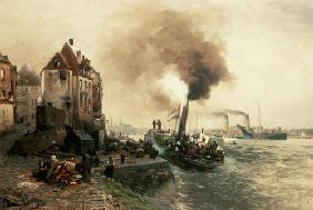 La barrière de charbon sur le port du Rhin-rive à Duesseldorf