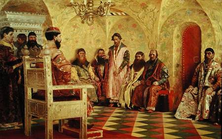 Tsar Mikhail Fyodorovich (1596-1645) with Boyars Sitting in His Room à Andrei Petrovich Ryabushkin