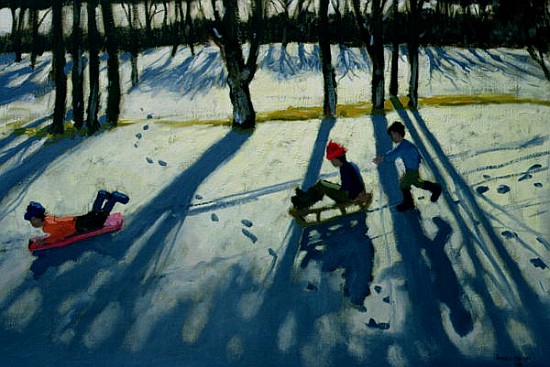 Boys Sledging, Allestree Park, Derby (oil on canvas)  à Andrew  Macara