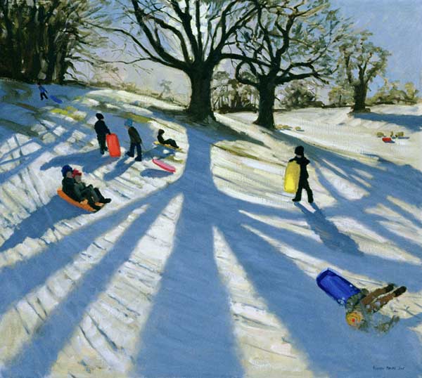 Winter Tree, Snow Sledgers, Calke Abbey, Derby (oil on canvas)  à Andrew  Macara