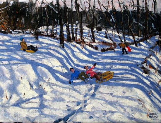 Two boys falling off a sledge, Morzine (oil on canvas)  à Andrew  Macara