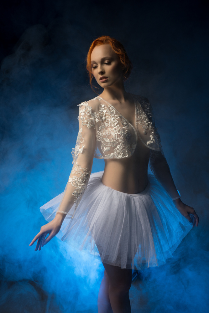 Beautiful young ballerina in blue haze à Andrey Guryanov