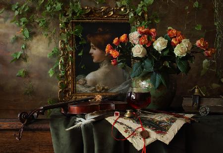 Still life with violin and flowers