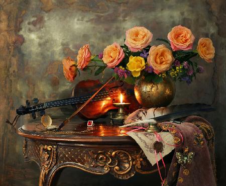 Still life with violin and flowers