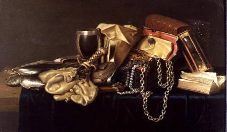 Still Life of a Jewellery Casket, Books and Oysters à Andries Vermeulen