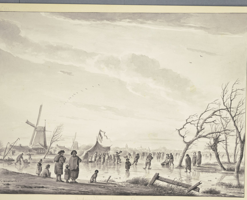 Winterlandschaft mit vielen Schlittschuhläufern und Zelten auf dem Eis, bei einer Windmühle à Andries Vermeulen