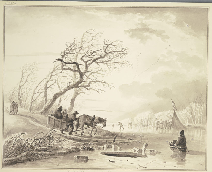 Winterlandschaft, rechts auf dem Eis ein Zelt, links bei einer Baumgruppe ein Schlitten mit einem Pf à Andries Vermeulen