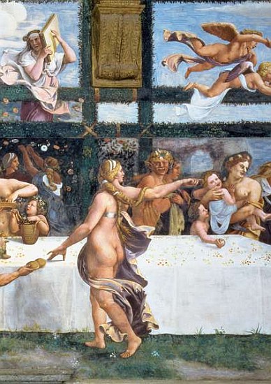 The Rustic Banquet celebrating the marriage of Cupid and Psyche, with the three lunettes above depic à (et atelier de) Giulio Romano
