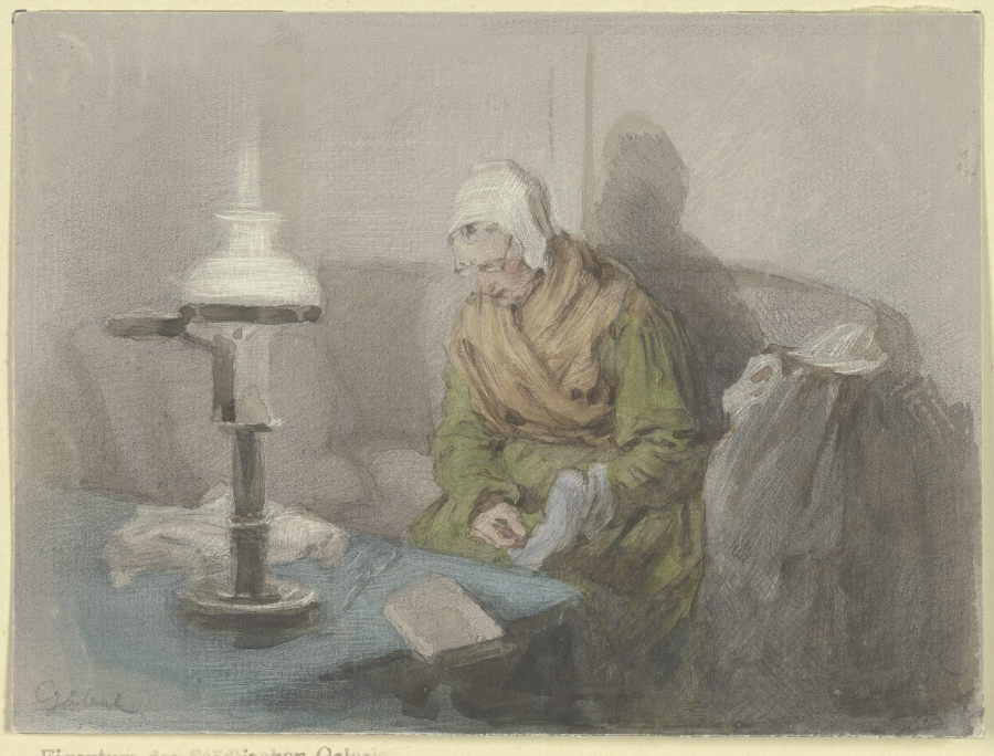 Alte Frau bei Lampenlicht à Angilbert Göbel