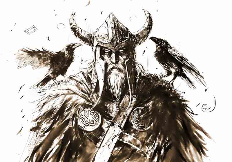  Dessin au crayon d\'Allvater Odin, le dieu suprême de la mythologie nordique, en compagnie de ses d à Anja Frost