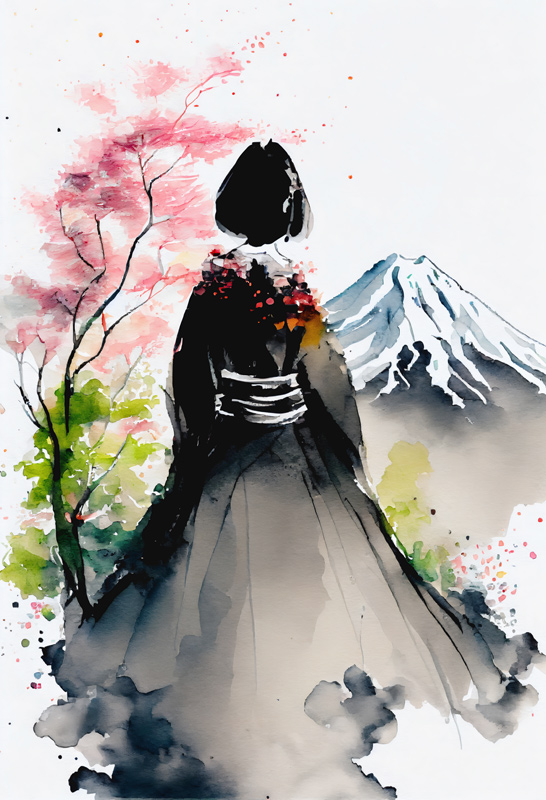  Geisha japonaise regarde le paysage avec le Mont Fuji enneigé à Anja Frost
