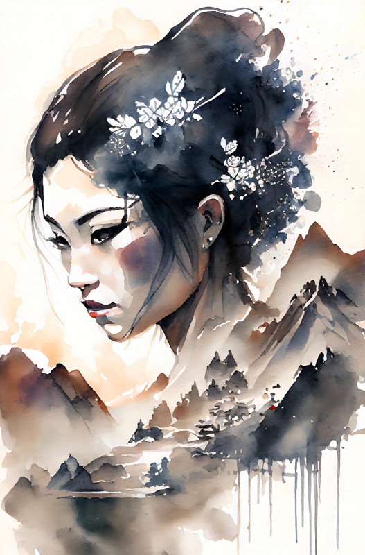 Geisha japonaise avec des fleurs dans les cheveux devant un paysage de montagne. Aquarelle. à Anja Frost