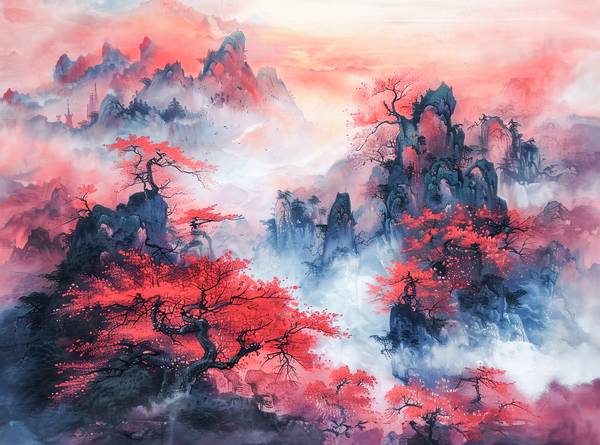 Paysage montagneux chinois en automne. Arbres d\'érable rouges. à Anja Frost