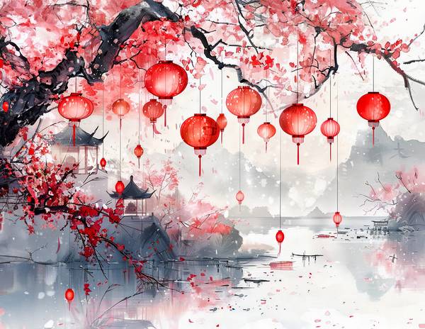 Lanternes chinoises dans un cerisier en fleurs. Complexe de temple. à Anja Frost