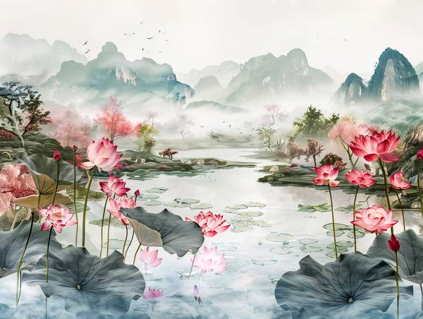 Fleurs de lotus chinoises près de l\'étang. Paysage montagneux. à Anja Frost