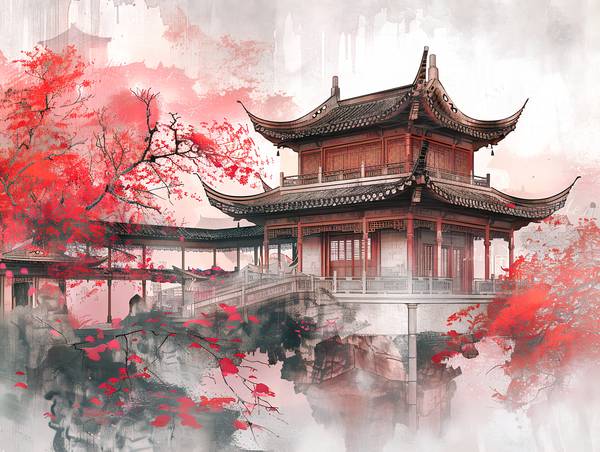 Temple chinois pendant la saison des cerisiers en fleurs. à Anja Frost