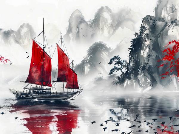 Bateau chinois sur la mer avec des montagnes à Anja Frost