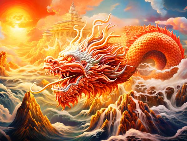  Le Dragon de Feu dans la Splendeur du Coucher de Soleil. Dragon chinois. à Anja Frost