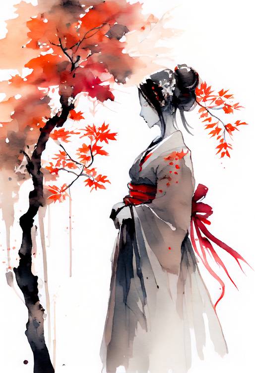  Geisha japonaise avec érable d\\\\\\\'automne. aquarelle à Anja Frost