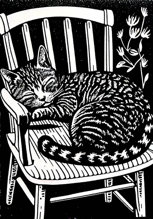  Le chat dort sur une chaise de jardin. linogravure à Anja Frost