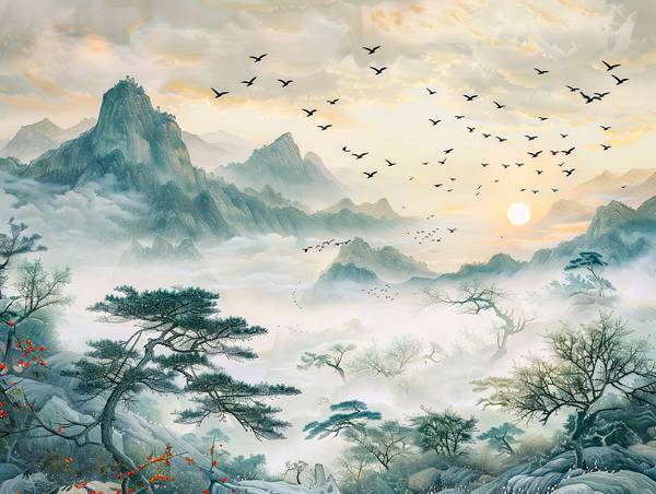 Soleil du matin sur les montagnes de Chine. Vol d\'oiseaux. à Anja Frost