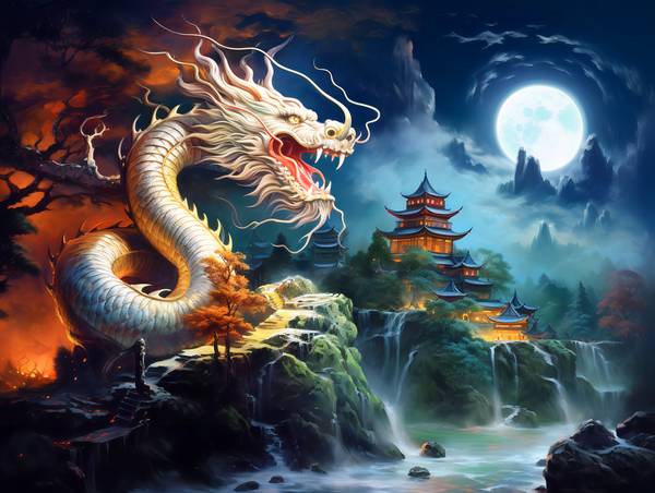 Vol mystique d\'un cerf-volant au-dessus des montagnes. Année du dragon. Dragon chinois. à Anja Frost