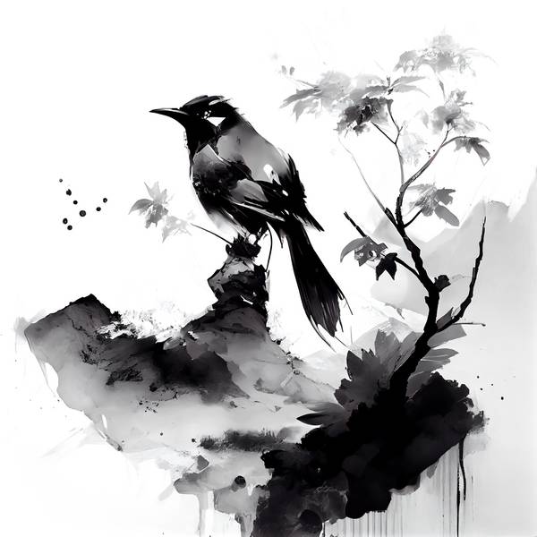 Pinceau et plume : un oiseau à l\\\'encre de Chine pris dans le charme de la peinture asiatique à Anja Frost